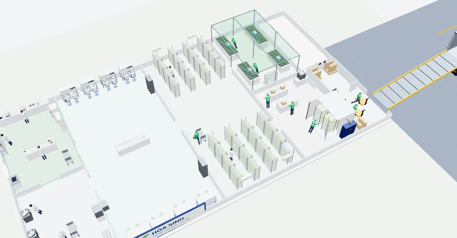 Sa bàn 3D phòng lab nuôi cấy mô Hóa Sinh: pha chế, tiệt trùng, phòng cấy, phòng nuôi, vườn ươm, đóng gói, kho mát, xe container lạnh, sân bay, cảng biển